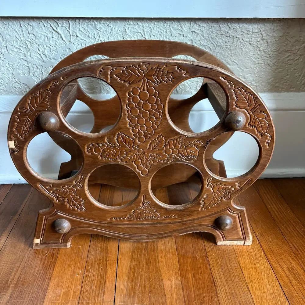 Vintage Carved Wood Wine Bottle Holder, Grape Motif Tabletop Wine Rack